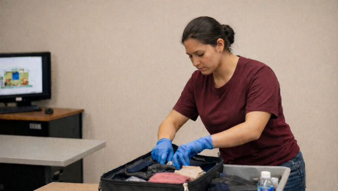 Vizualizācija: tiek veikta bagāžas pārbaude.