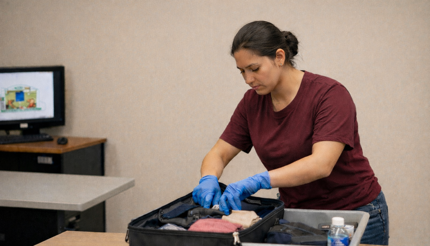 Vizualizācija: tiek veikta bagāžas pārbaude.